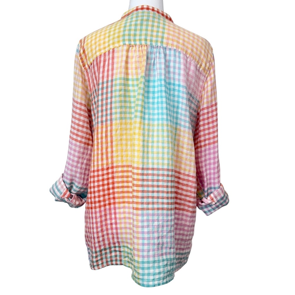 Lands End Women's Rainbow Plaid Linen Roll Tab Button Up Top M Beachy Lagenlook - Picture 7 of 11